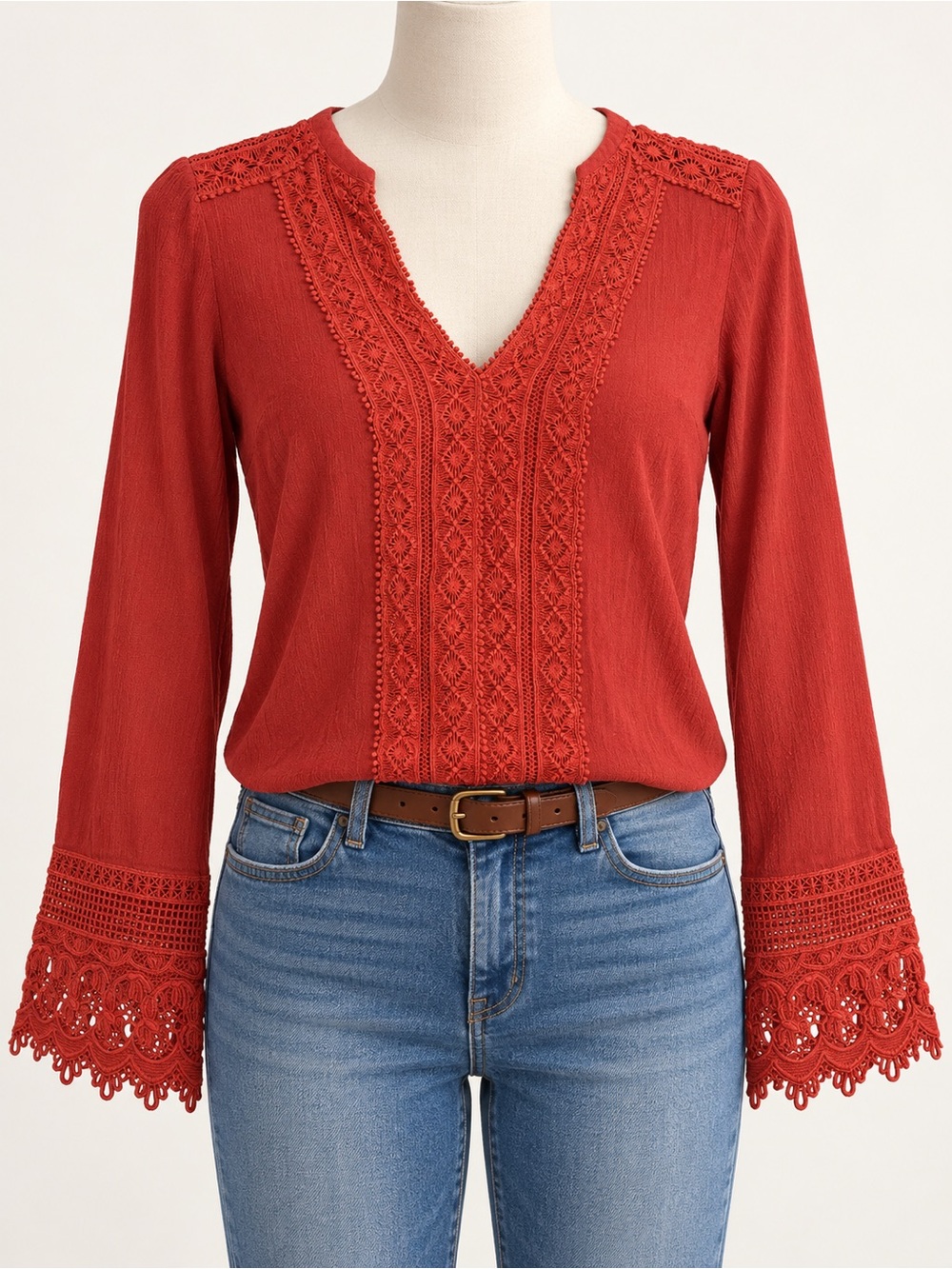 Re:named Rust Red Boho Lace V-Neck Blouse Size Small